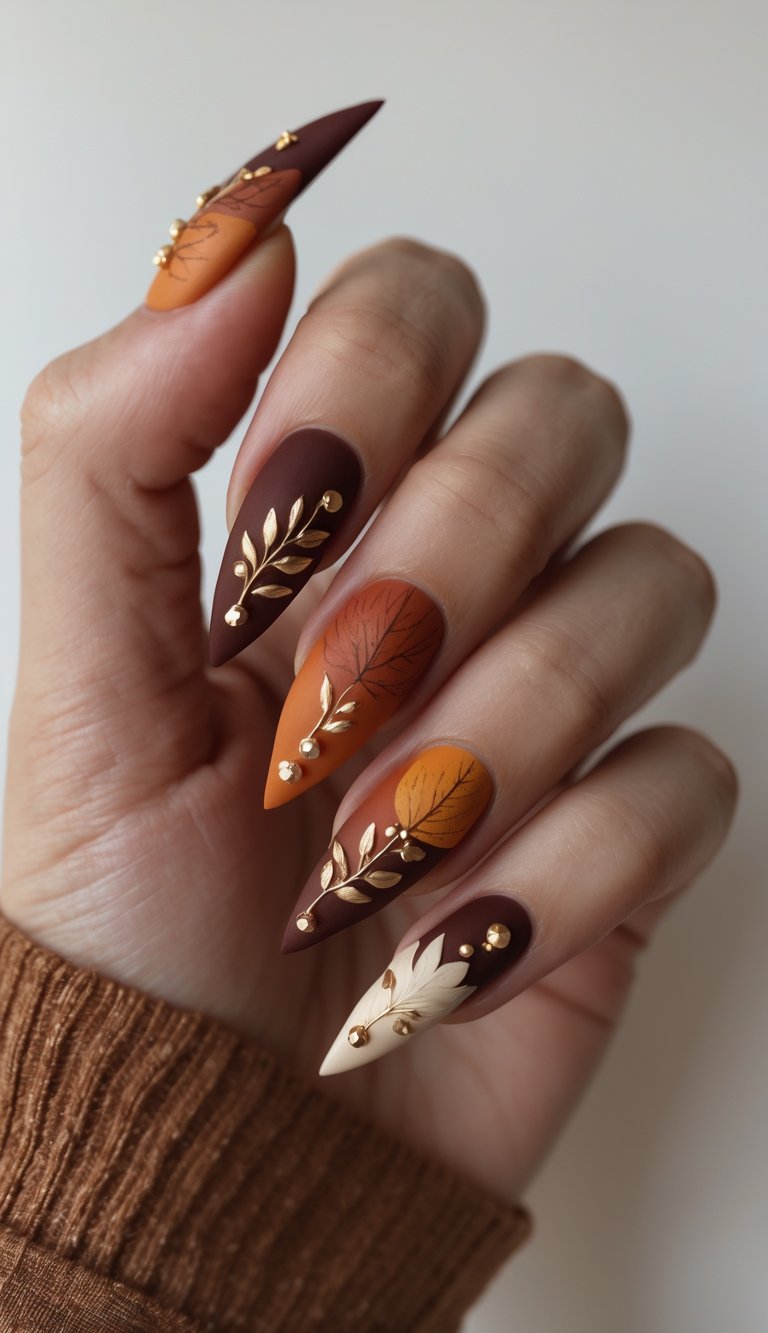 Long stiletto nails featuring rich brown, orange, and ivory hues, painted leaves, 3D gold leaves, and tiny gold studs