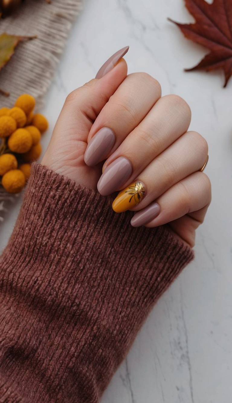 Soft mauve nails keep this design simple and chic, while a mustard yellow accent featuring a golden leaf steals the show.