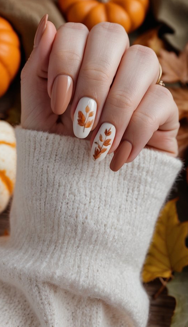 Warm  nude nails meet creamy white accent nails in this manicure, each with delicate brown branch and leaf art