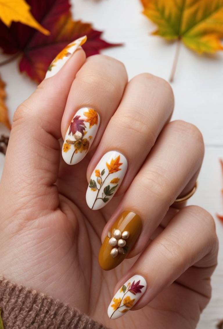 Maple leaves decorate these white nails, while a caramel accent nail features 3D studs