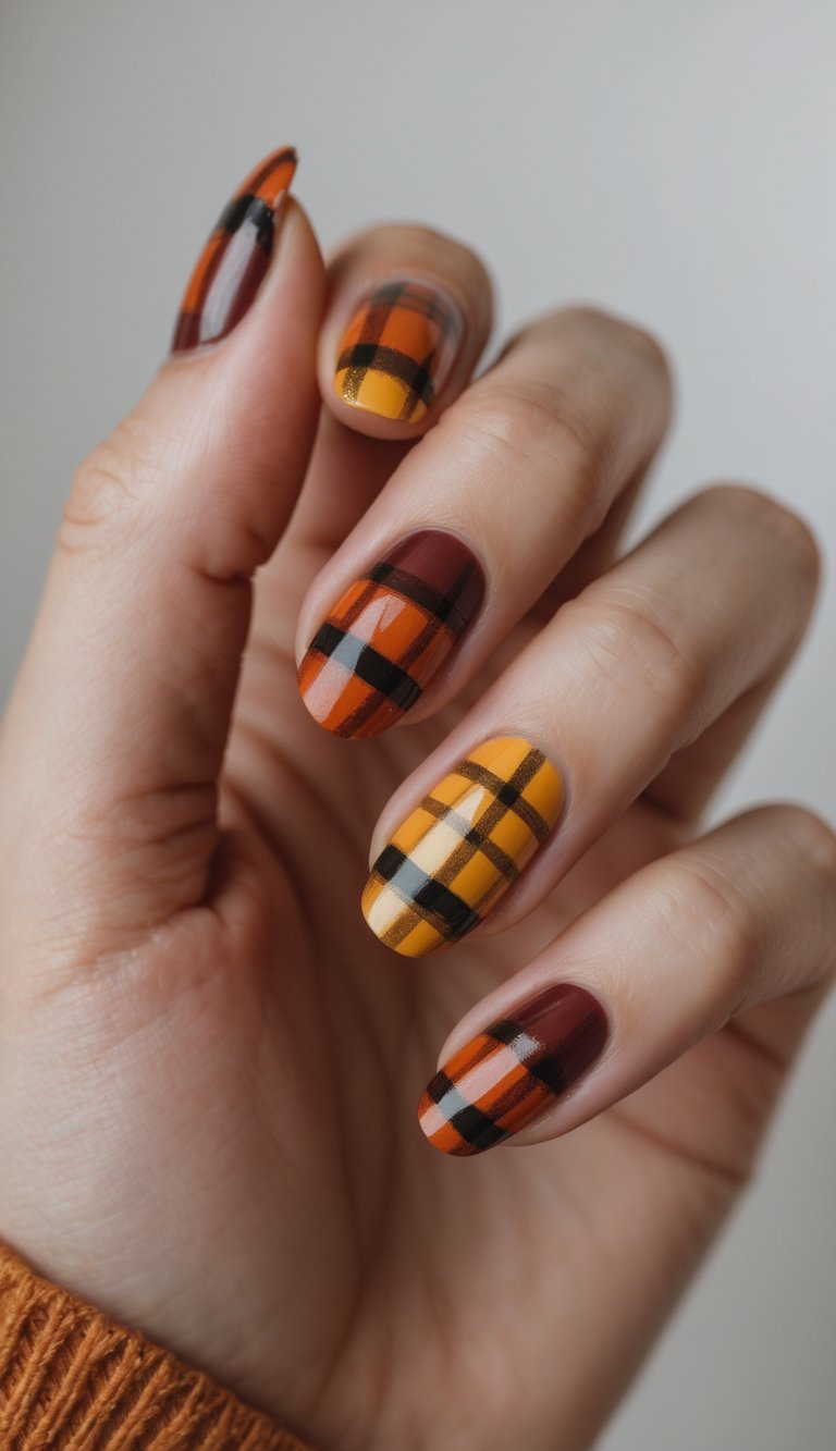 Let your nails channel a cozy fall feel with classic plaid nails in brown, orange, and mustard yellow. A statement pattern like this brings instant sweater-weather vibes to your nails.