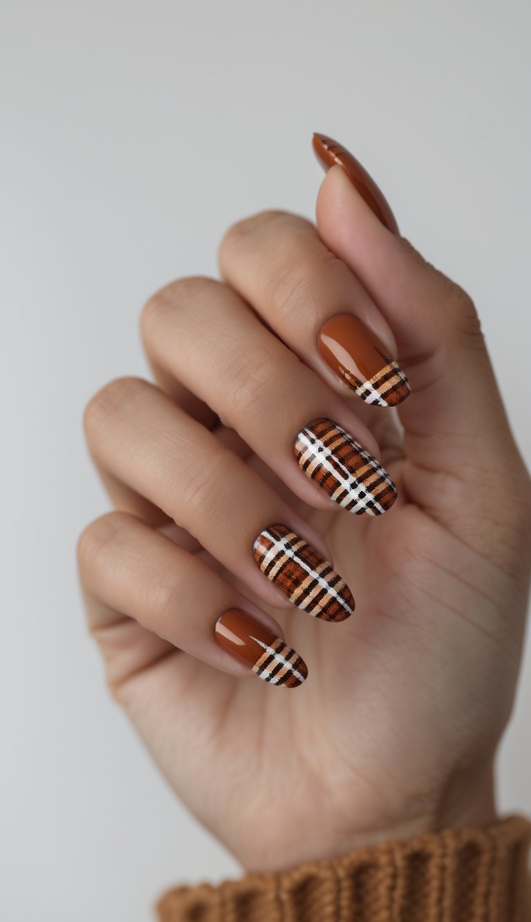 Glossy brown plaid nails create a timeless, cozy look that can elevate your everyday outfits for fall.