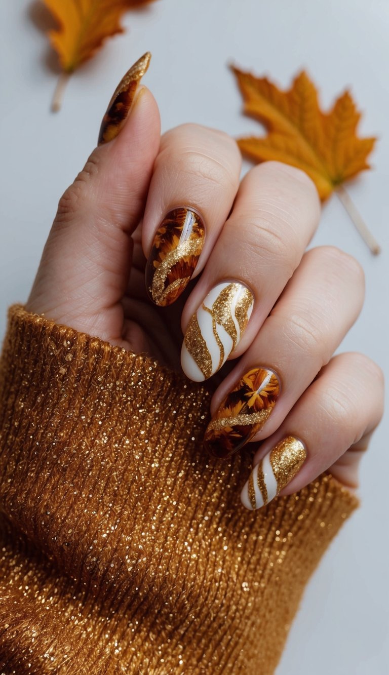 Rich golden glitter swirls and leaf patterns light up these brown and white nails.