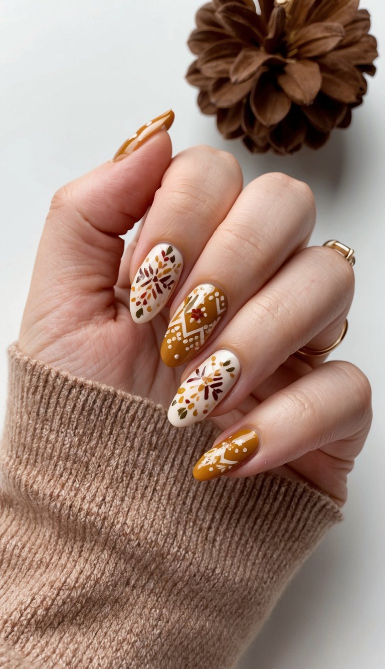 With warm caramel and creamy white bases, these nails are covered in playful sweater-inspired patterns.
