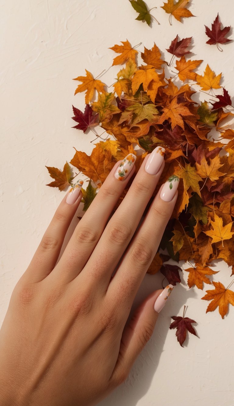 These soft nude nails feature leaf clusters in orange, yellow, and green crowding the tips for a whimsical finish.