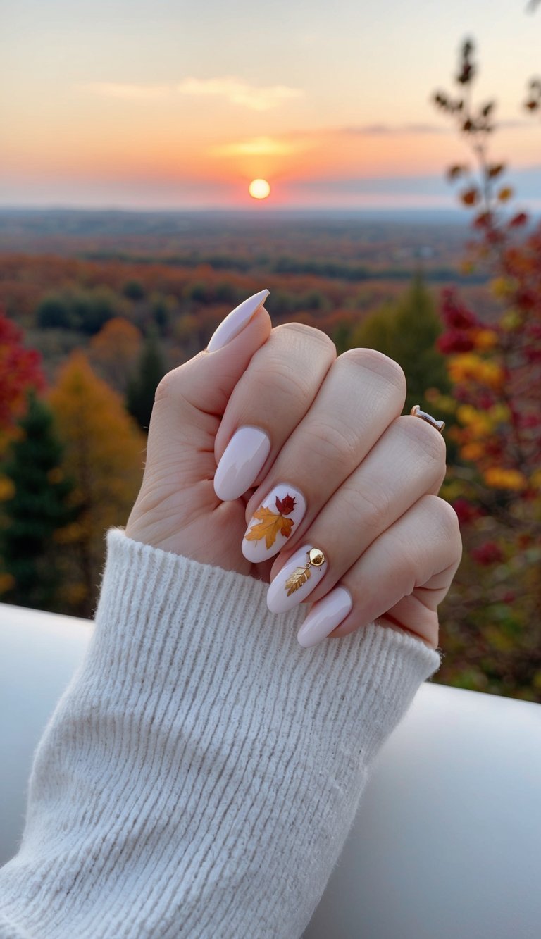 Paired with delicate milky white nails, an accent nail with gold and red maple leaves and a gold gem create a dreamy look. 