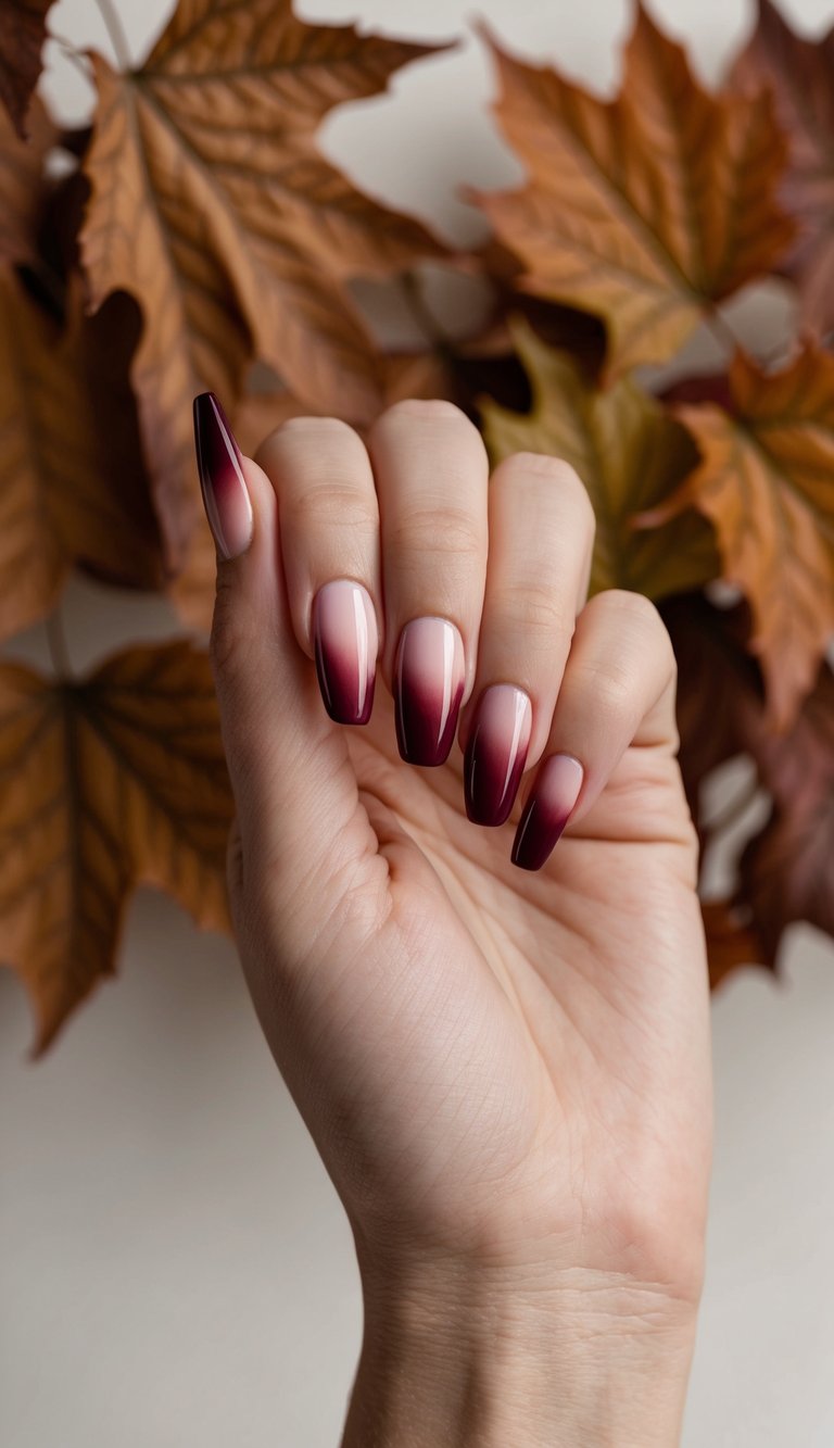 A smooth gradient from creamy nude to deep burgundy gives you a fall manicure with instant drama