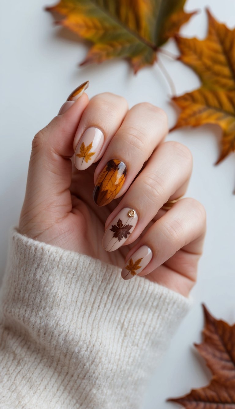 With a soft nude hue, these nails become the perfect backdrop for realistic brown and gold maple leaves and glossy amber-toned accent nail