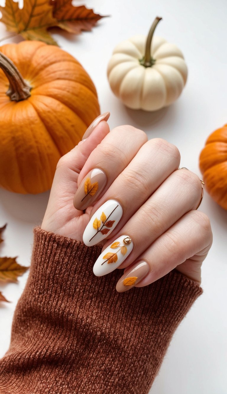 A cozy fall scene with leaves, pumpkins, and warm colors for November nail art inspiration