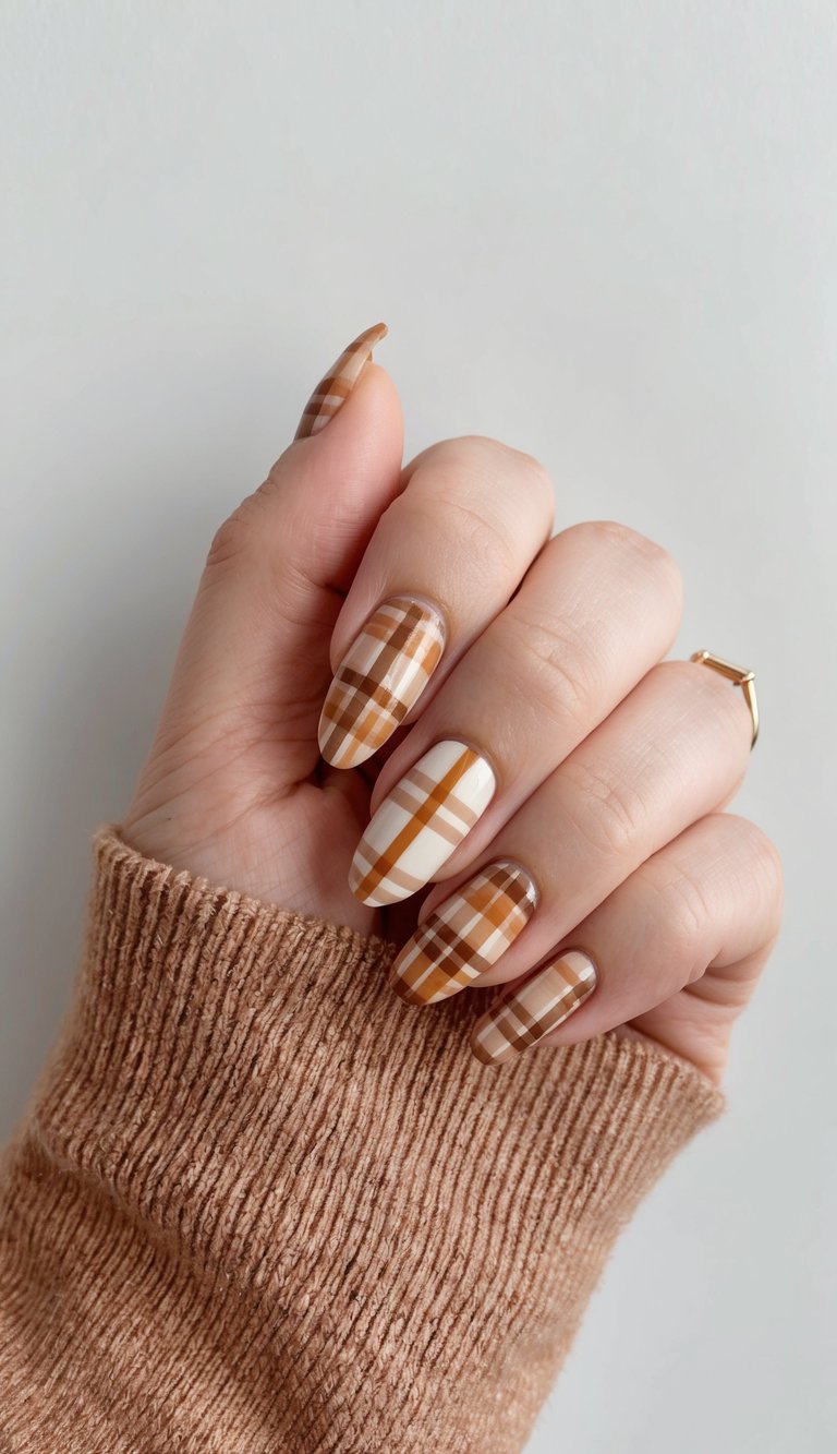 A cozy plaid patterned nail art design with warm fall colors on a clean, neutral background