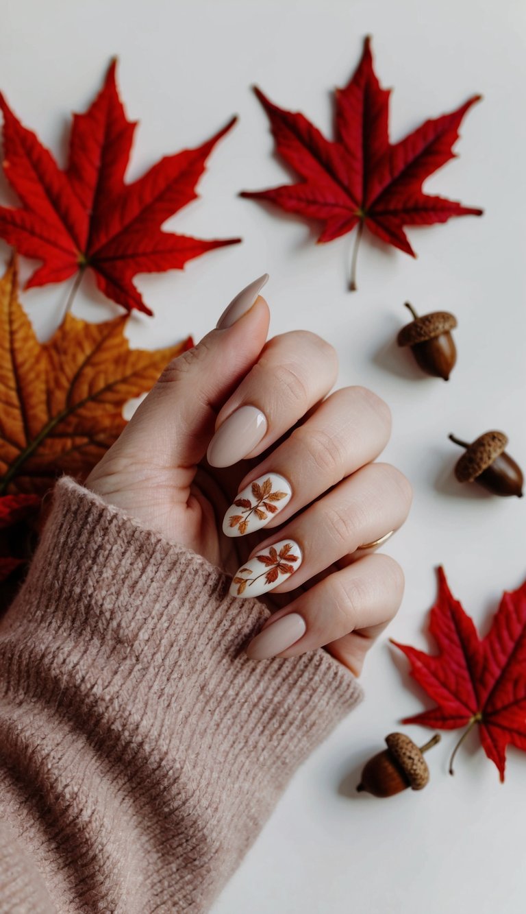 A cozy autumn scene with rustic red leaves, acorns, and warm earth tones