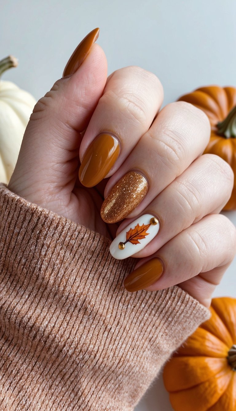A cozy fall-themed nail art scene with shimmery pumpkin spice colors and warm November vibes