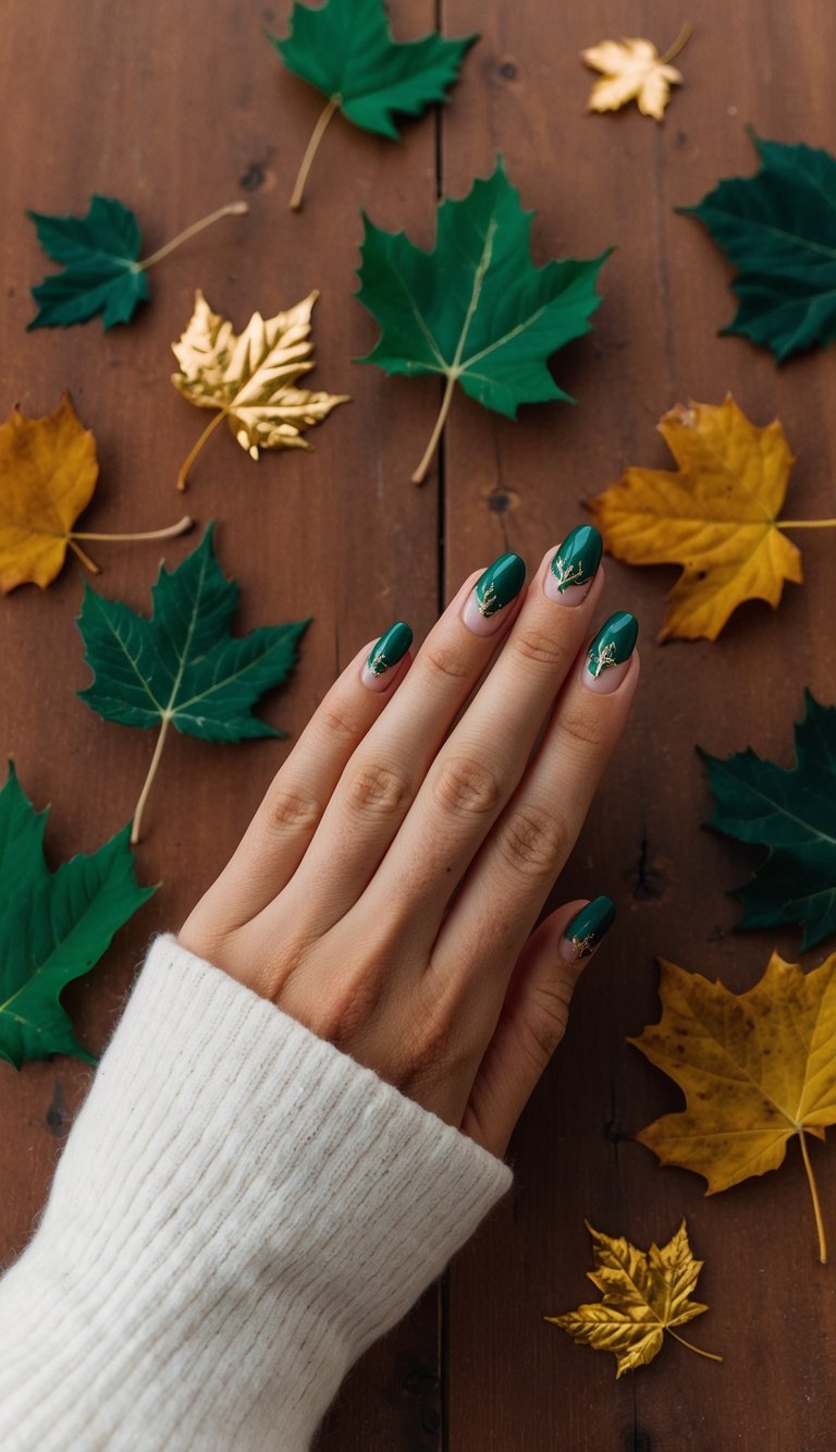 A cozy fall scene with emerald and gold leaves scattered on a rustic wooden table, surrounded by warm November colors