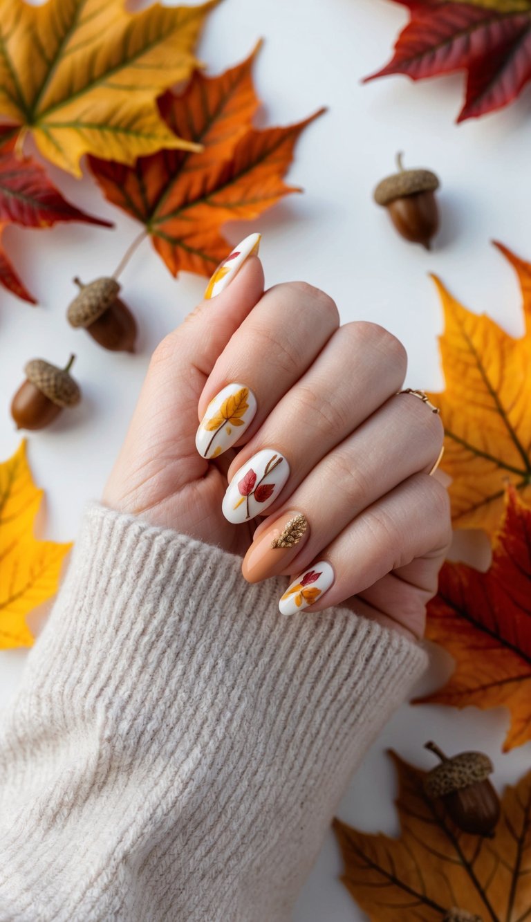 A cozy autumn scene with colorful leaves, acorns, and warm tones, perfect for November nail art inspiration