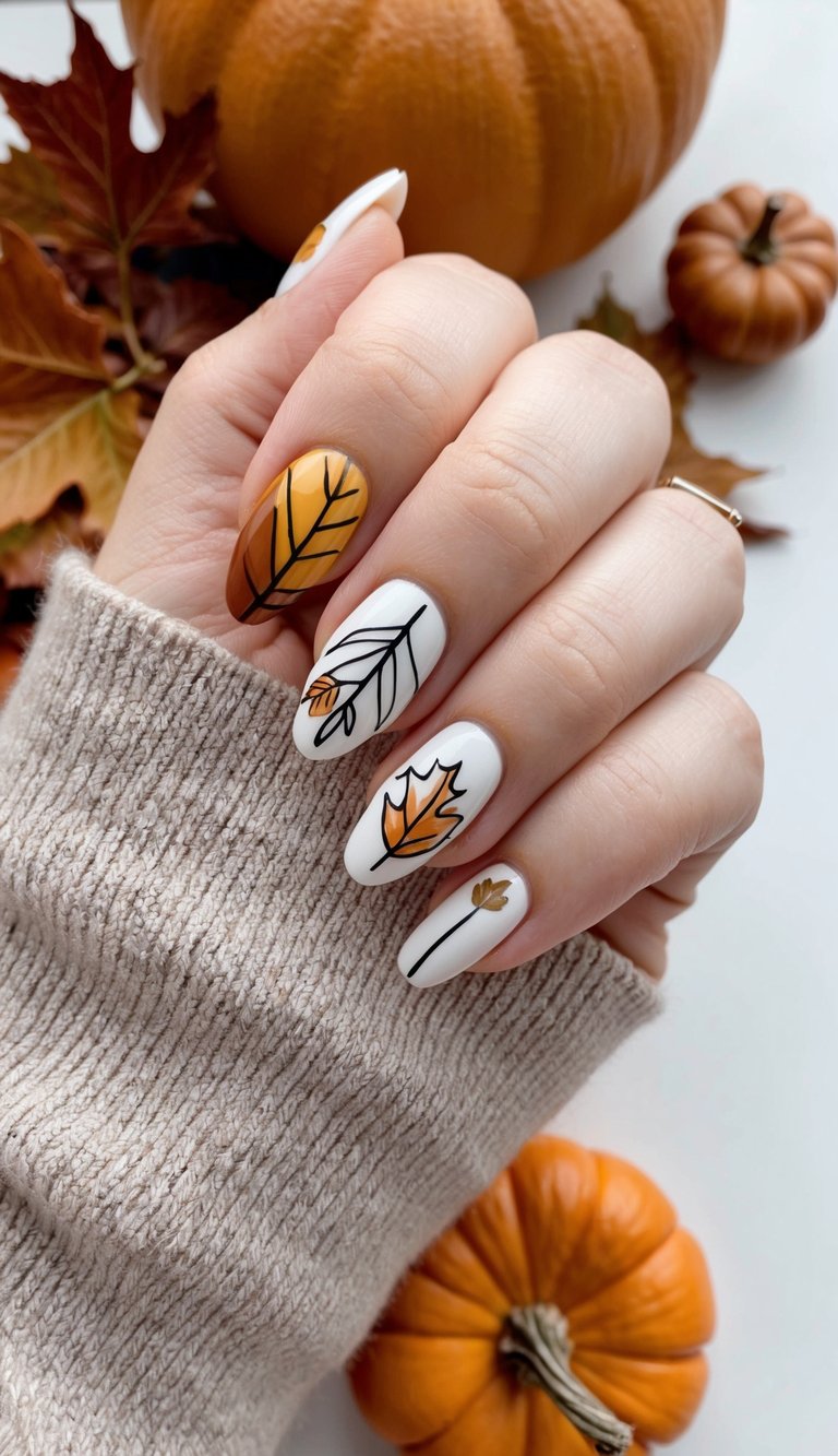A cozy fall scene with warm colors and November elements, such as leaves, pumpkins, and cozy sweaters, all depicted in minimalist black lines