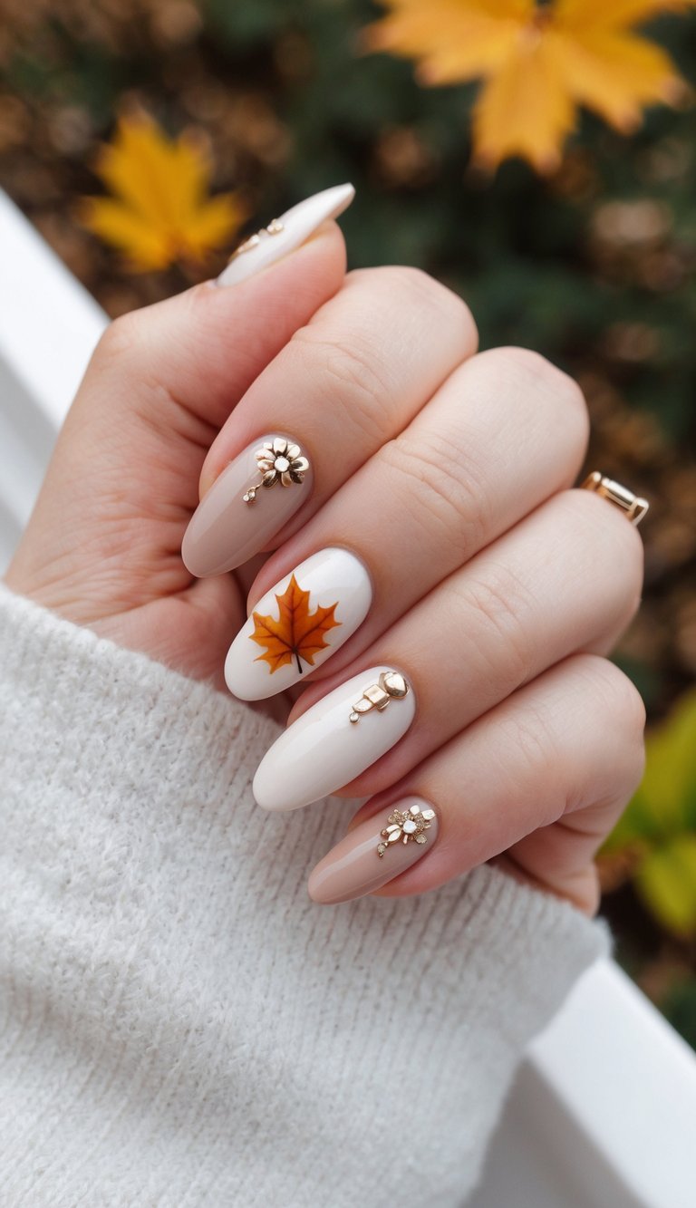 A cozy autumn scene with dreamy clouds and warm November nail art details