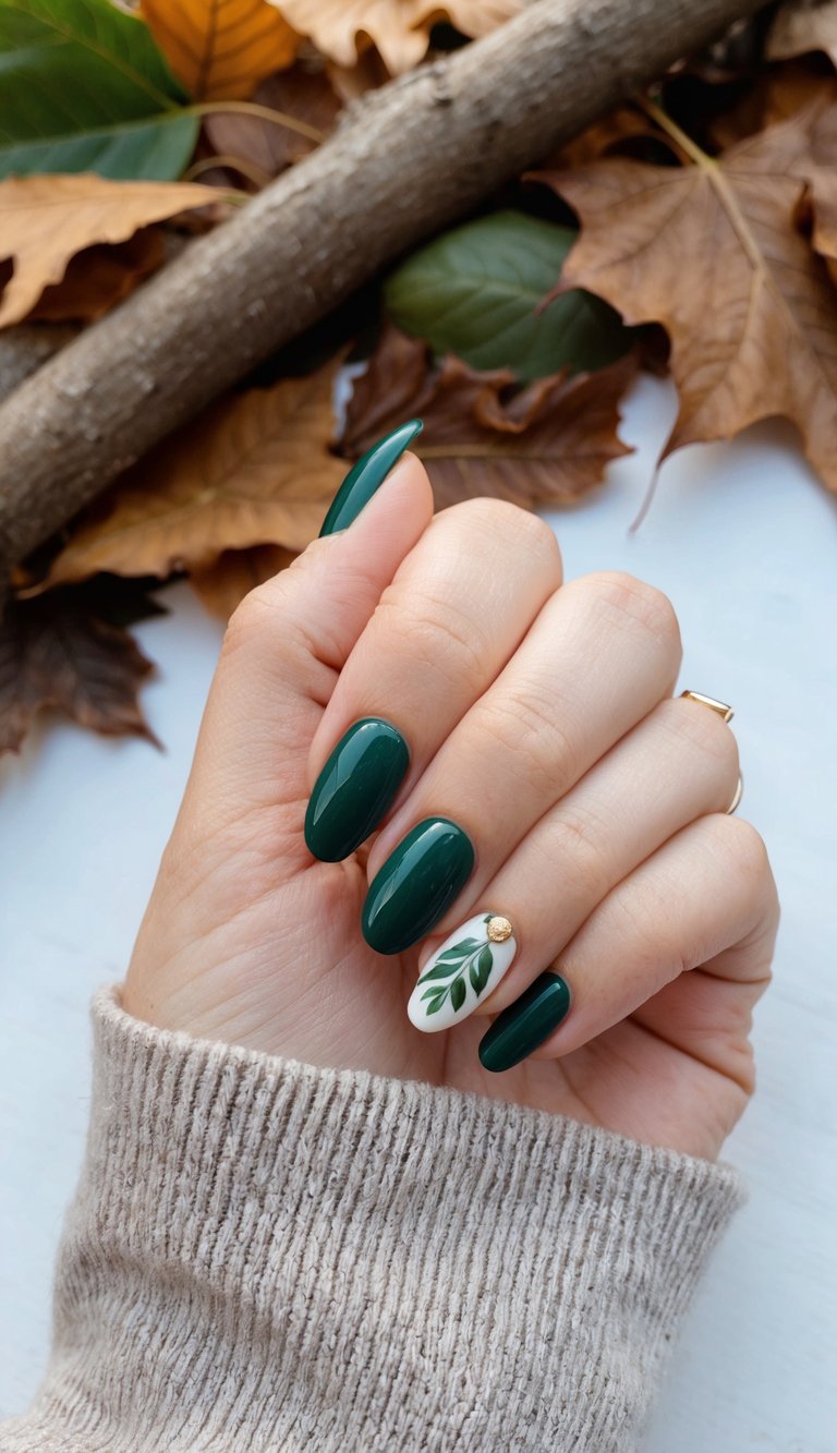 A cozy forest scene with fallen leaves and warm earth tones, showcasing a hand with forest green polished nails