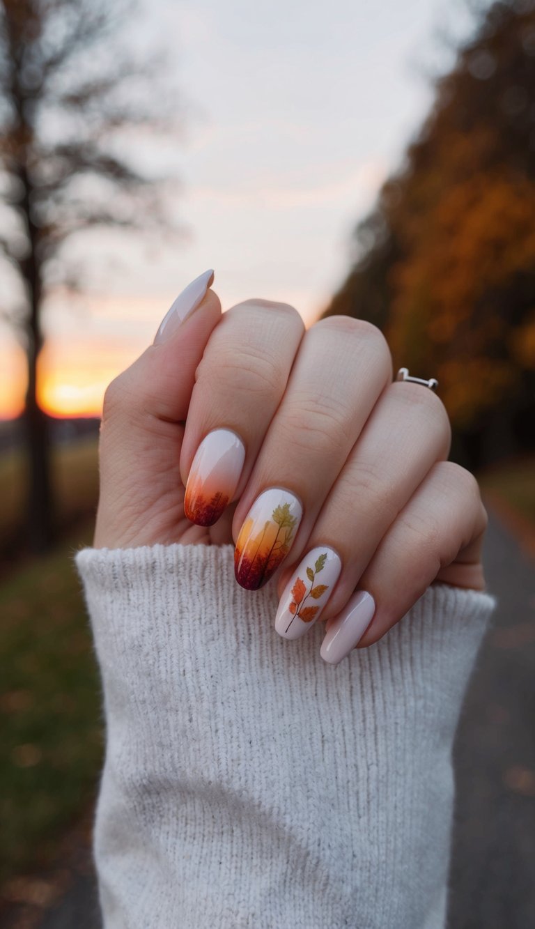 A serene autumn landscape with colorful gradient tones reflecting the warm hues of a November sunset