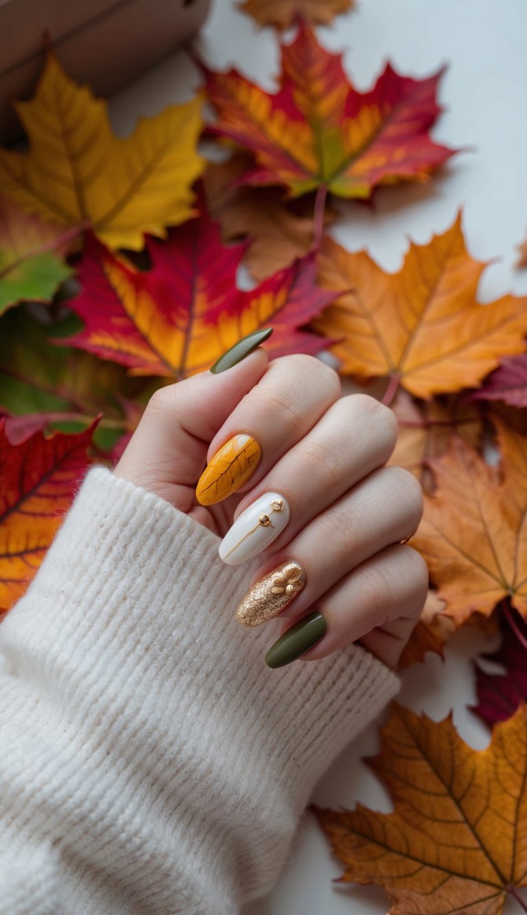 Vibrant autumn leaves scattered around a cozy nail salon, with warm hues and gilded accents inspiring November nail art