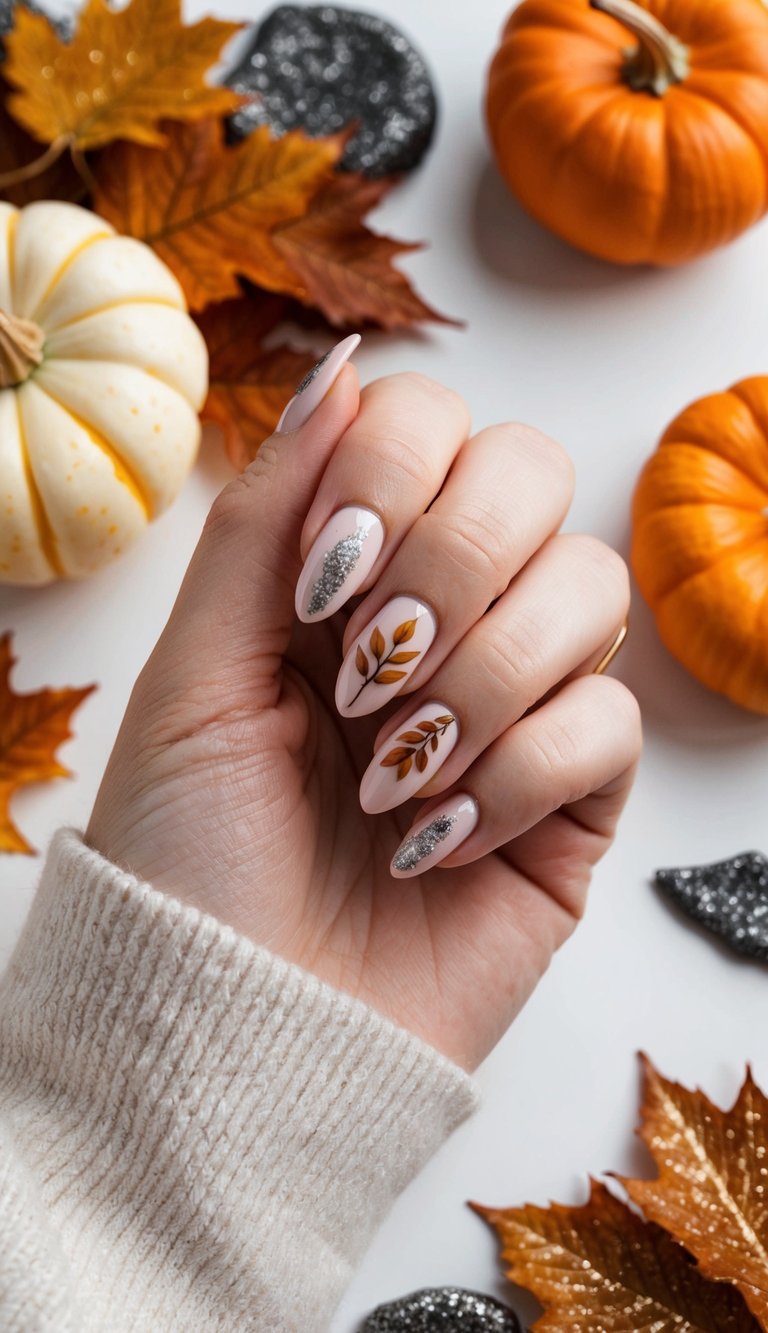 A cozy fall scene with leaves, pumpkins, and warm colors, surrounded by glittering graphite accents