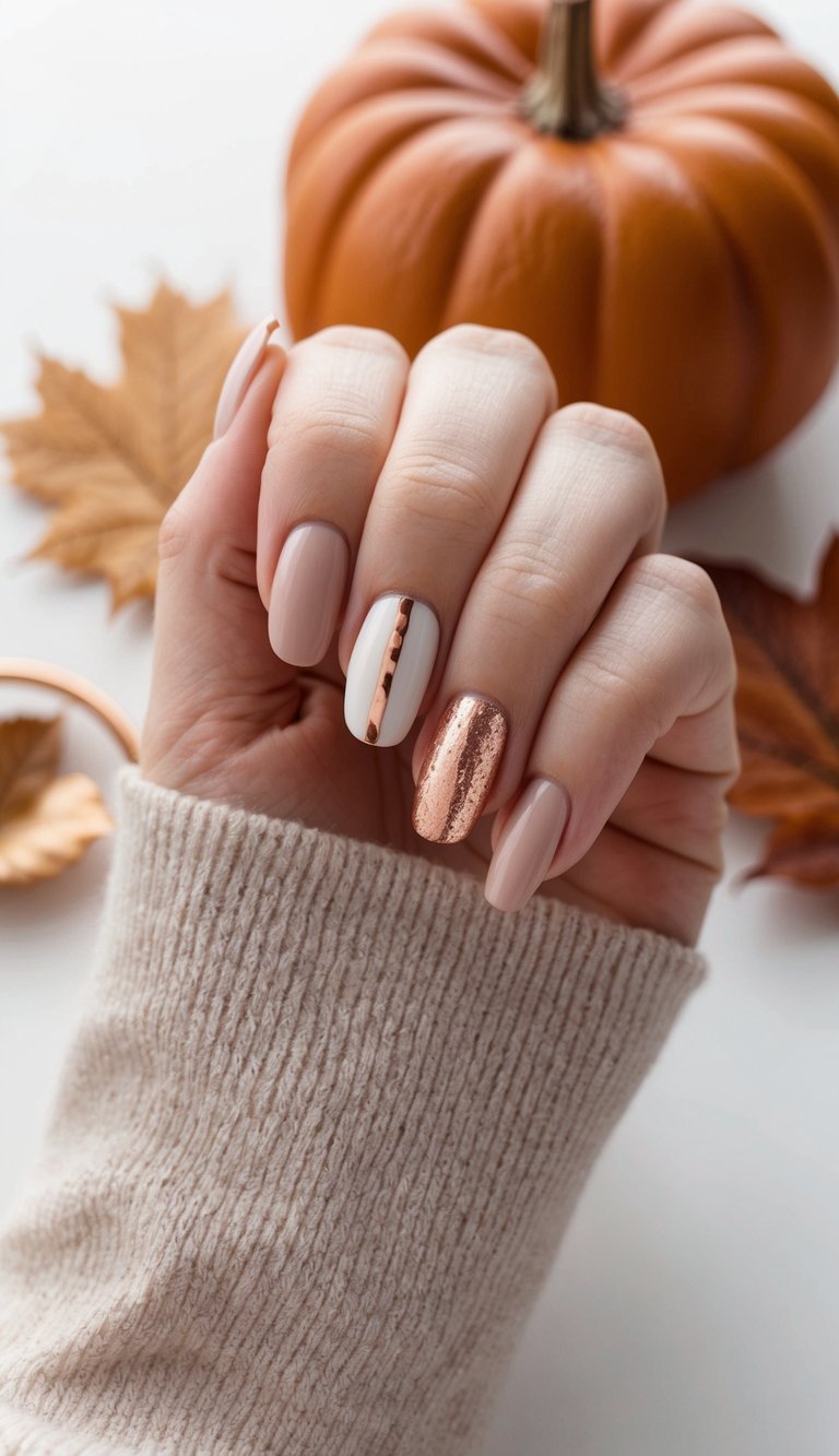A cozy fall scene with rose gold borders and warm November nail art ideas
