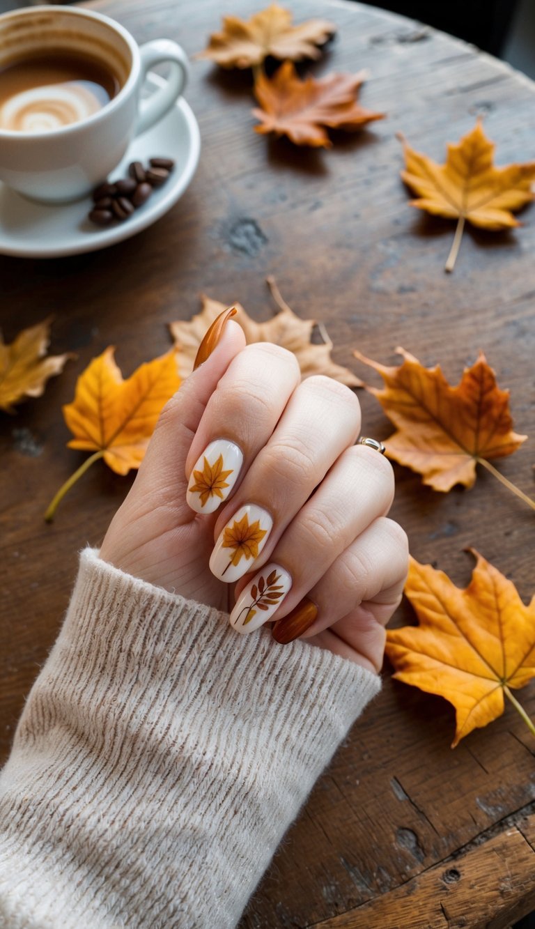 A cozy coffee shop with autumn-themed nail art displayed on a rustic wooden table. Fallen leaves and warm colors evoke the feeling of November