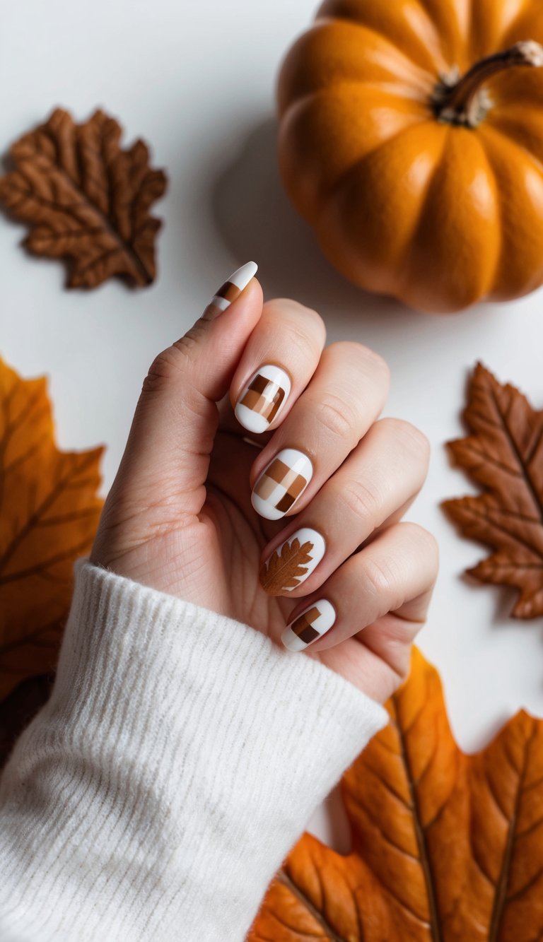 A close-up of a manicured hand with a walnut checkerboard nail design, surrounded by warm fall-themed elements