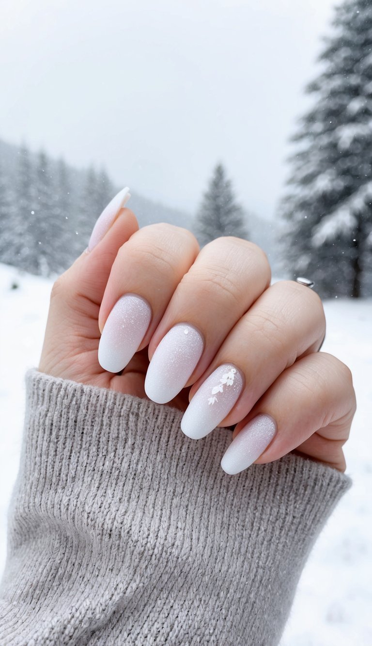 A snowy landscape with frosted French tip nails on a cozy sweater background