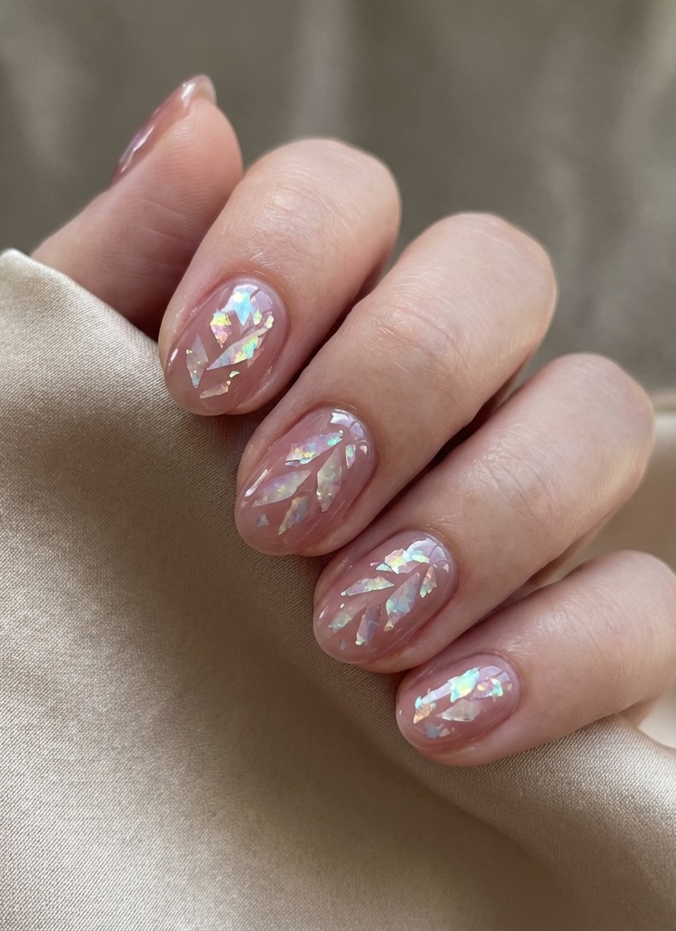 A softly curled hand shows off a dusty rose nail idea where blush-pink polish meets jagged, light-catching foil flakes that resemble glistening rose quartz.