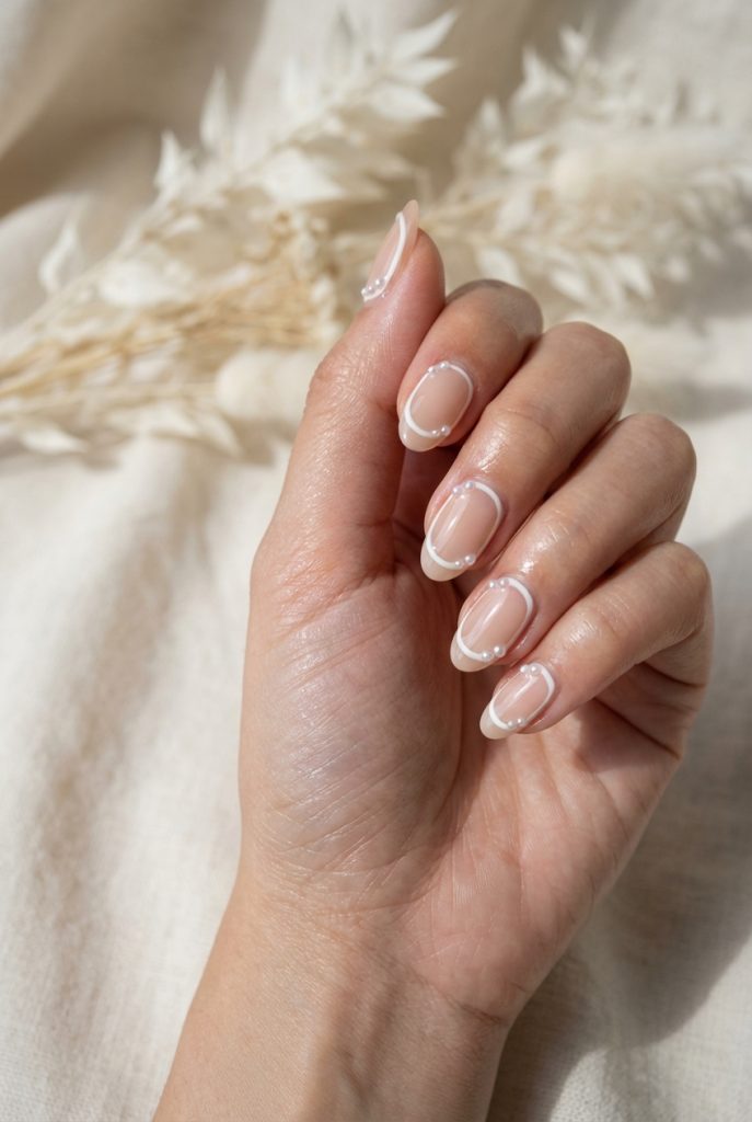 Close-up of a hand featuring a pearl nail art idea where each nude nail is edged with crisp white lines and adorned with one small pearl, creating a chic minimalist look.