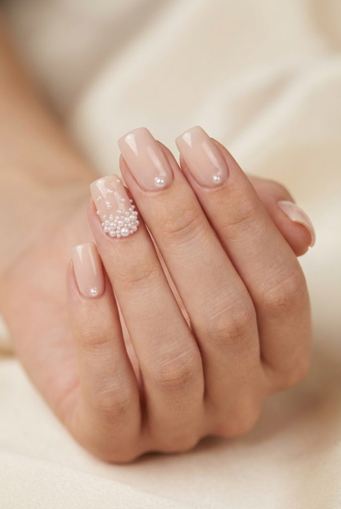 Feminine hand displaying a pearl nail art idea on square nude nails, with single pearls on each and a romantic cluster of small pearls placed on the ring finger.