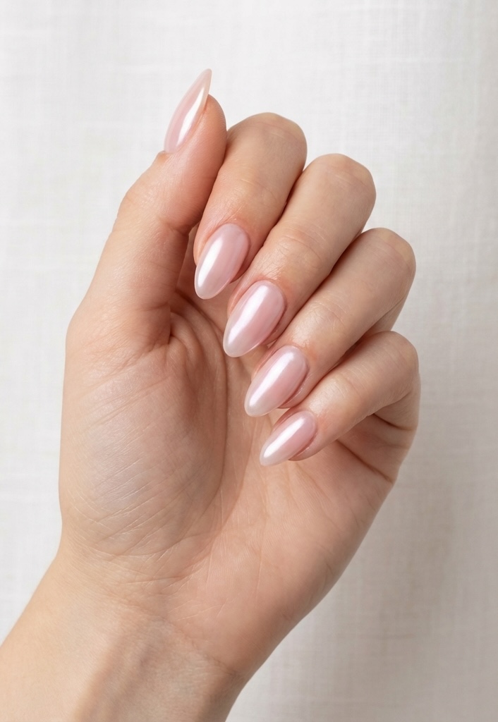 Neatly manicured hand displaying a refined glazed nail art idea with blush pink polish and a high-shine, pearlescent top coat.