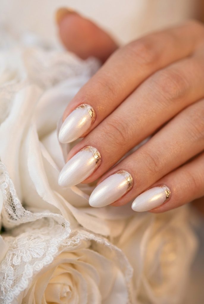 A hand with almond-shaped nails painted in shimmering pearl white, each nail featuring a soft gold accent at the base, posed against white roses.