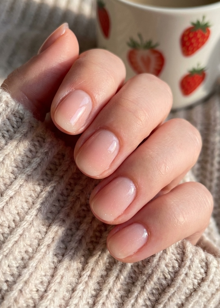 Hand resting on a beige knit sweater showing a short nail art idea with soft blush-toned polish, giving a healthy, light-catching glow to short, rounded nails.
