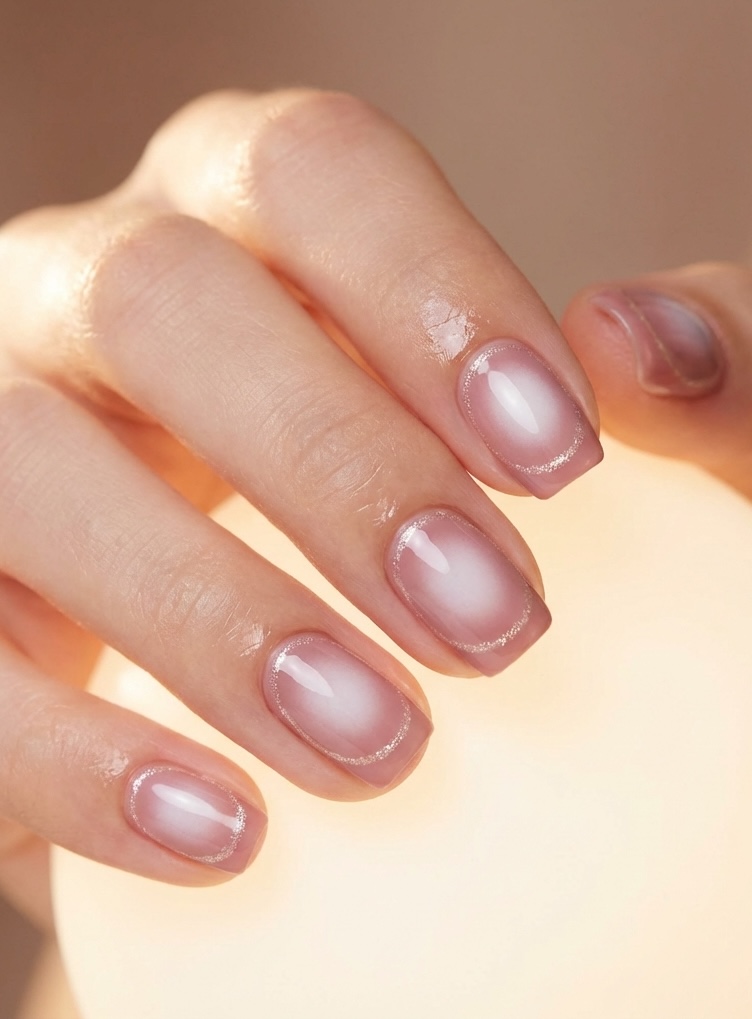 Close-up of a hand wearing a dusty rose nail art idea where soft, glowing pink polish fades outward in a halo pattern, outlined with a fine shimmer ring around each nail.