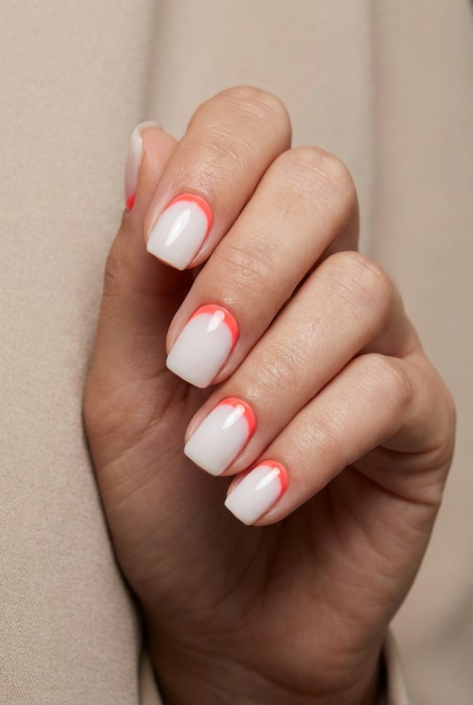 Well-groomed hand with reverse French nail art idea showcasing a bright coral accent hugging the base of each glossy white square nail.