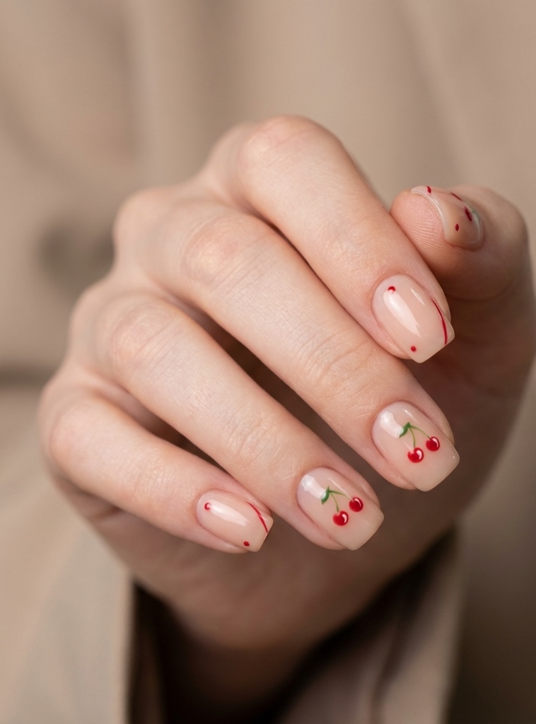 Hand with short nude nails featuring cherry designs and tiny red dots, creating a fun and glossy short nail art idea perfect for a fresh summer vibe.