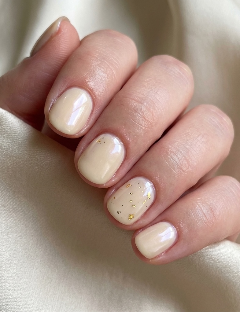 Close-up of a hand with short, round nails in a glazed nail art idea featuring soft vanilla polish and scattered gold foil on one finger.