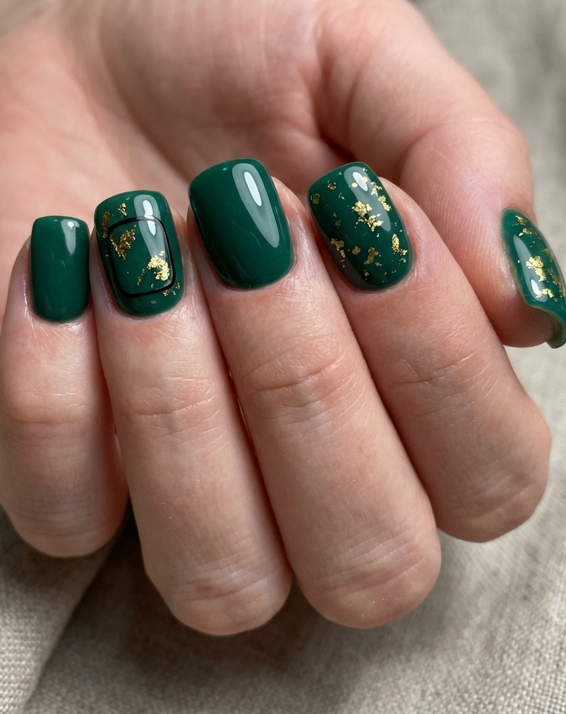 Short nail art idea featuring forest green polish with one outlined accent nail and scattered gold foil on others for a stylish, refined look.