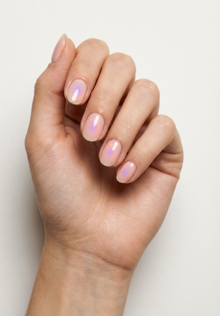 Glowing short nail art idea featuring oval nails painted with soft opalescent shimmer over a light pink translucent base.