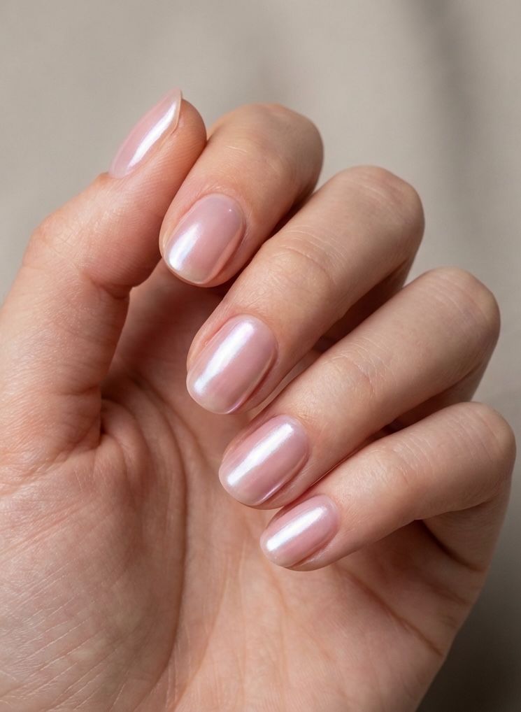 Hand displaying a short nail art idea with rounded nails painted in soft ballet pink and finished with a luminous, pearlescent glow.