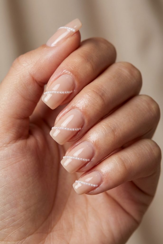 A hand with short nude square nails, each one crossed by a clean diagonal pearl line—capturing a minimal and polished pearl nail art idea.