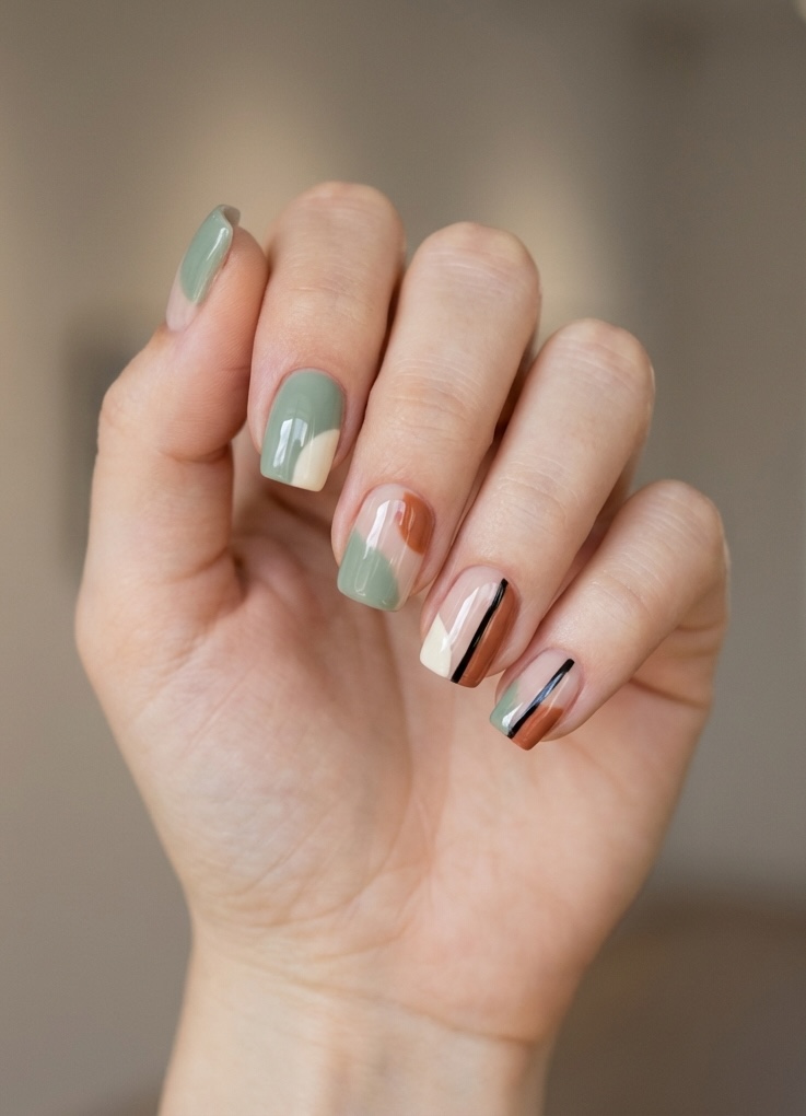 Close-up of a hand with a short nail art idea in modern earthy shades, including green, ivory, and brown, with black line detailing for contrast.
