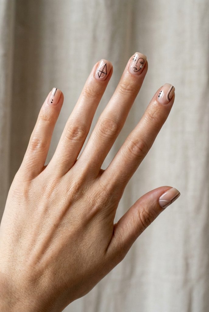 A short nail art idea showing a nude manicure with minimal black line art, including dots, abstract lines, and a Picasso-style face sketch.