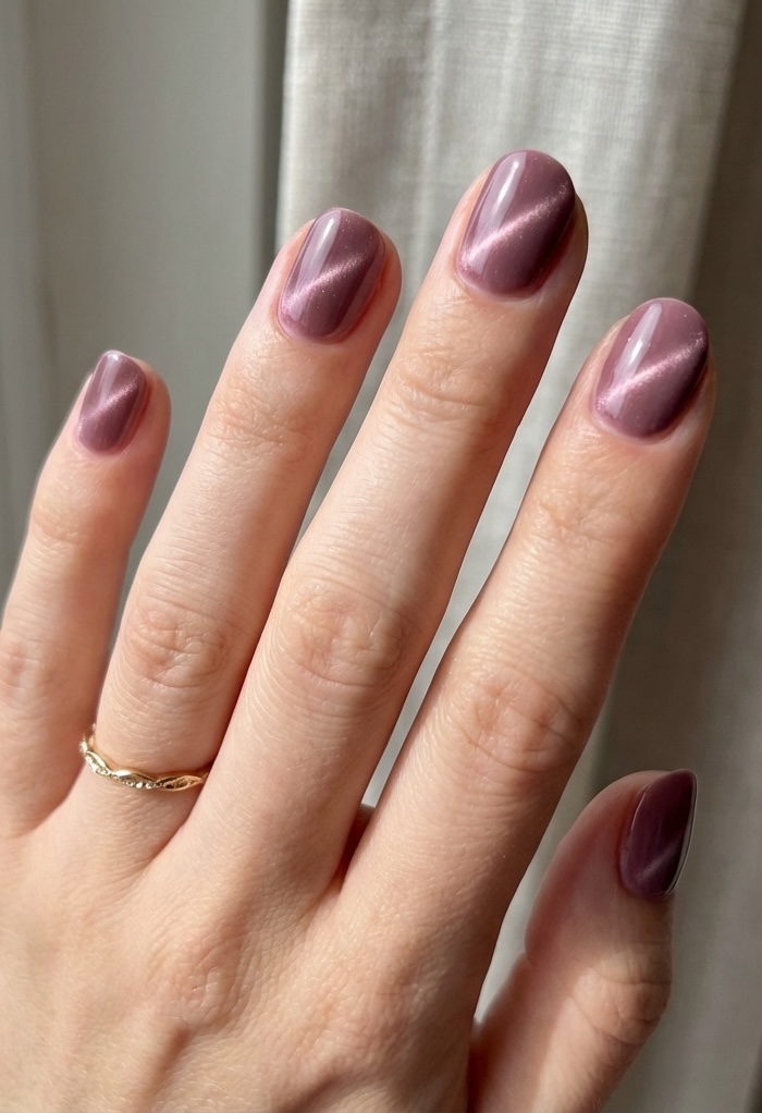 Short nail art idea featuring dusty rose magnetic polish with a soft cat-eye glow effect on neatly shaped short nails, hand shown against a curtain backdrop.