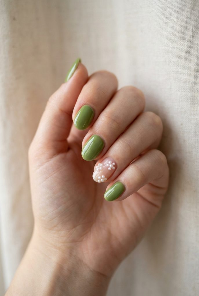 Close-up of a hand with glossy olive green nails and a pearl-studded floral accent on nude base—an editorial yet wearable pearl nail art idea.