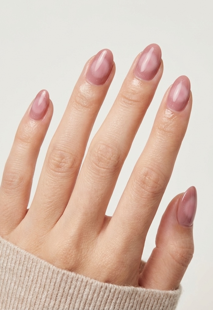 A clean hand features a dusty rose nail art idea with oval nails coated in a translucent blush polish that creates a high-shine, jelly-like gloss.