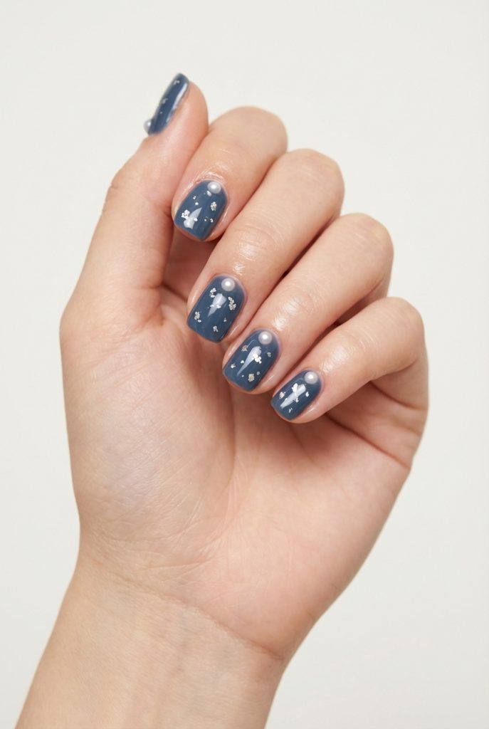 A hand with glossy navy-blue nails adorned with mini white florals and pearls near the cuticle line, presenting a stylish pearl nail art idea with clean, graphic contrast.