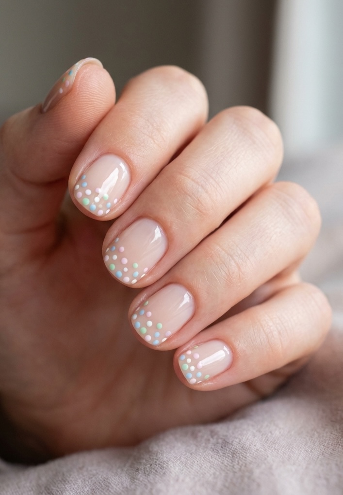 Short nail art idea on a hand with nude polish and scattered pastel dots in mint green, blue, pink, and lavender along the nail tips.