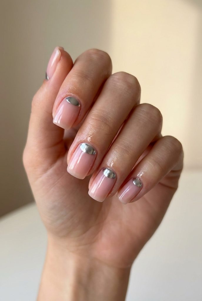 Feminine hand with glossy pink nails and shiny silver half-moons at the base, styled in an eye-catching reverse French nail art idea with a modern vibe.
